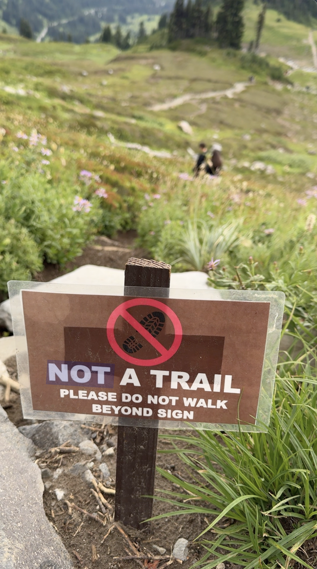 Stay on trail sign with hikers in the background