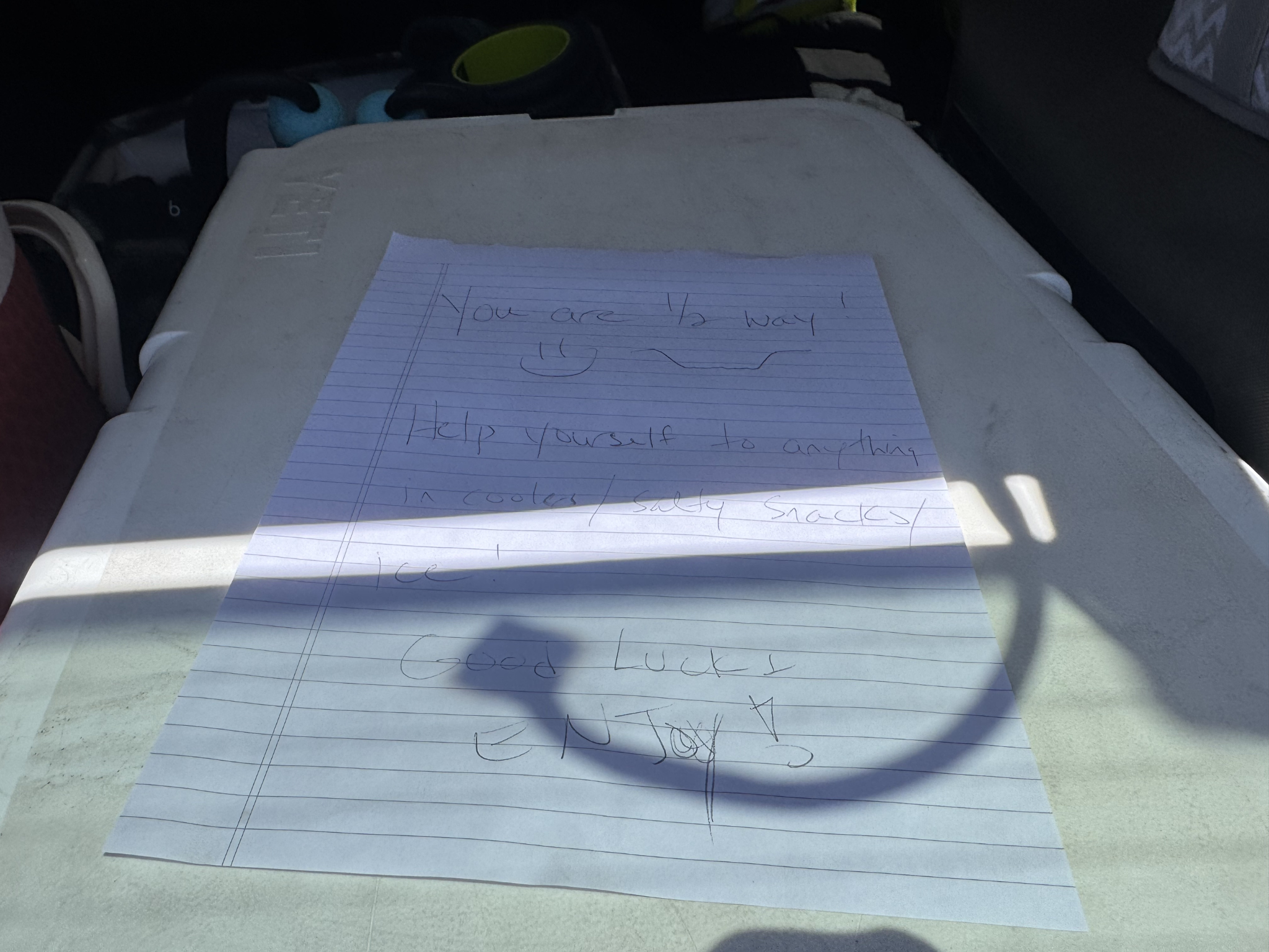 The cooler with an encouraging note at the North Rim