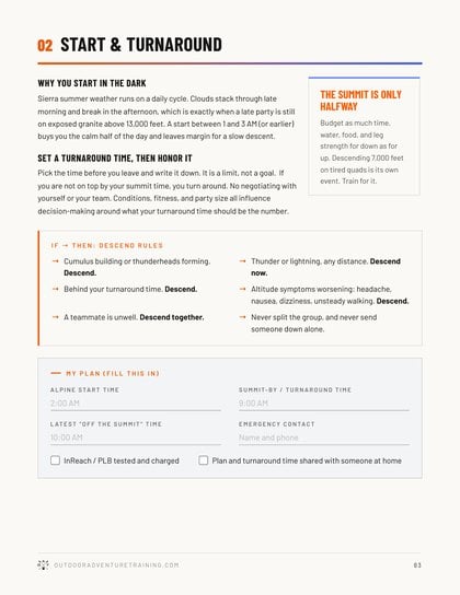 Start and turnaround planning page from the Mount Whitney Field Guide