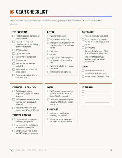 Gear checklist page from the Mount Whitney Field Guide