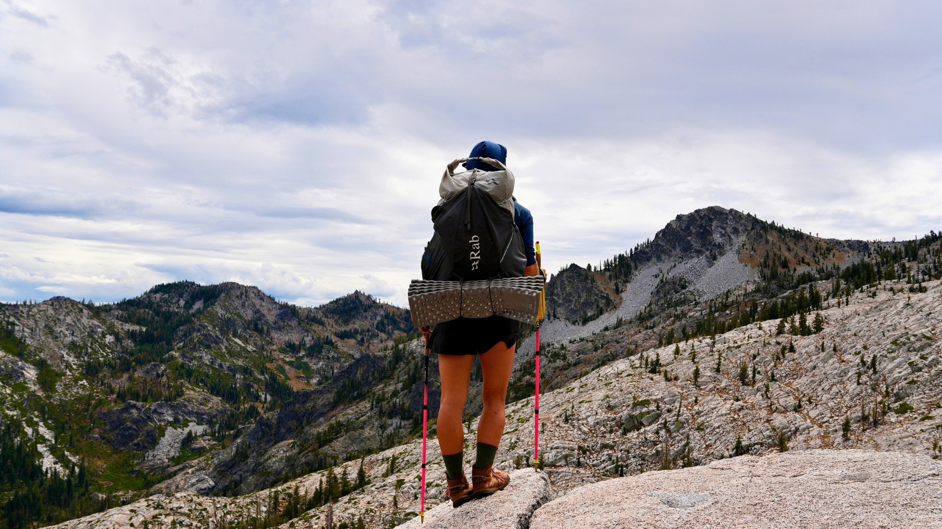 Hiker holding a pair of trekking poles with a mountain view
