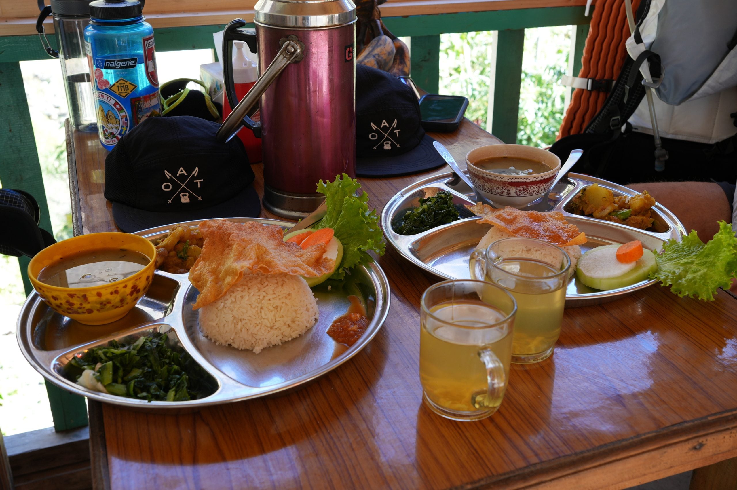 Dal bhat and tea at a teahouse on the Manaslu Circuit
