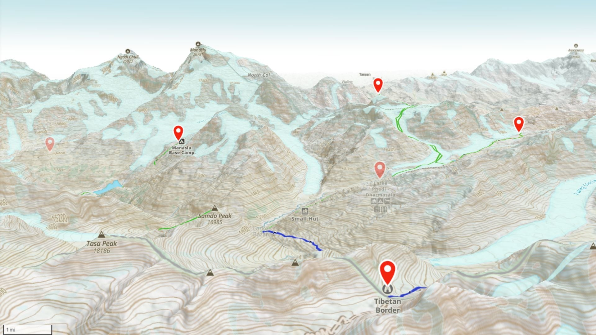 Terrain map of the Manaslu region in Nepal, near Larke Pass and the Tibetan border